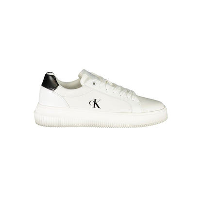 Calvin Klein White Leather Women Sneaker with black details, featuring logo, lace-up design, and removable footbed for style and comfort.