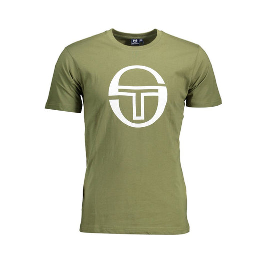 Sergio Tacchini Green Cotton Men T-Shirt with bold logo print, short sleeves, crew neck, premium cotton for casual sophistication.