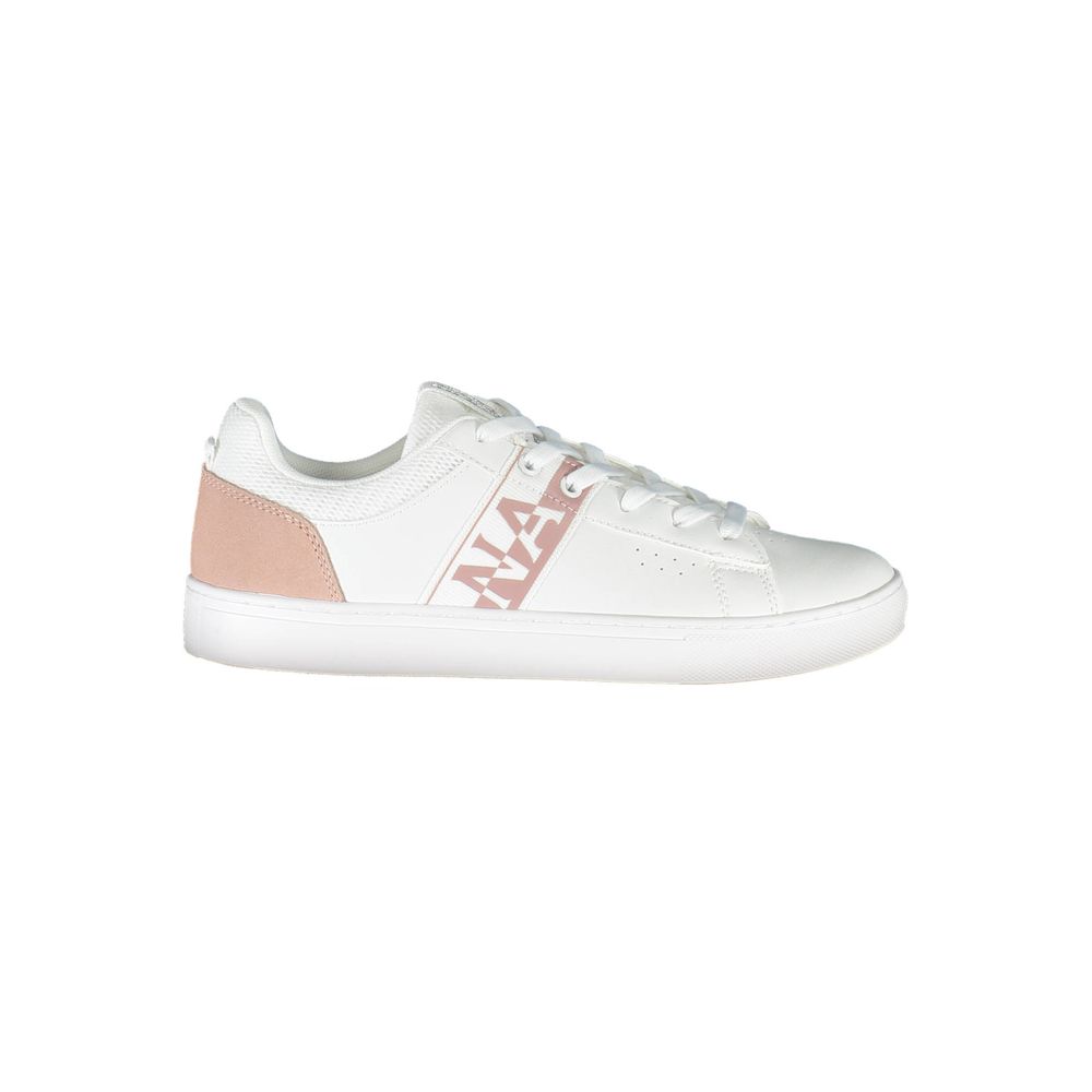 Napapijri White Leather Women Sneaker with contrasting pink details on white backdrop, featuring iconic Napapijri logo.