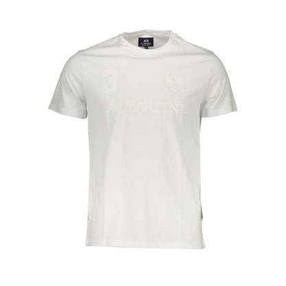 La Martina White Cotton Men T-Shirt with logo print, crew neck, and short sleeves, made from soft cotton for comfortable, stylish wear.