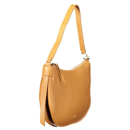 Coccinelle Brown Leather Handbag with shoulder handle, zip closure, internal pocket, and phone spaces, featuring logo.