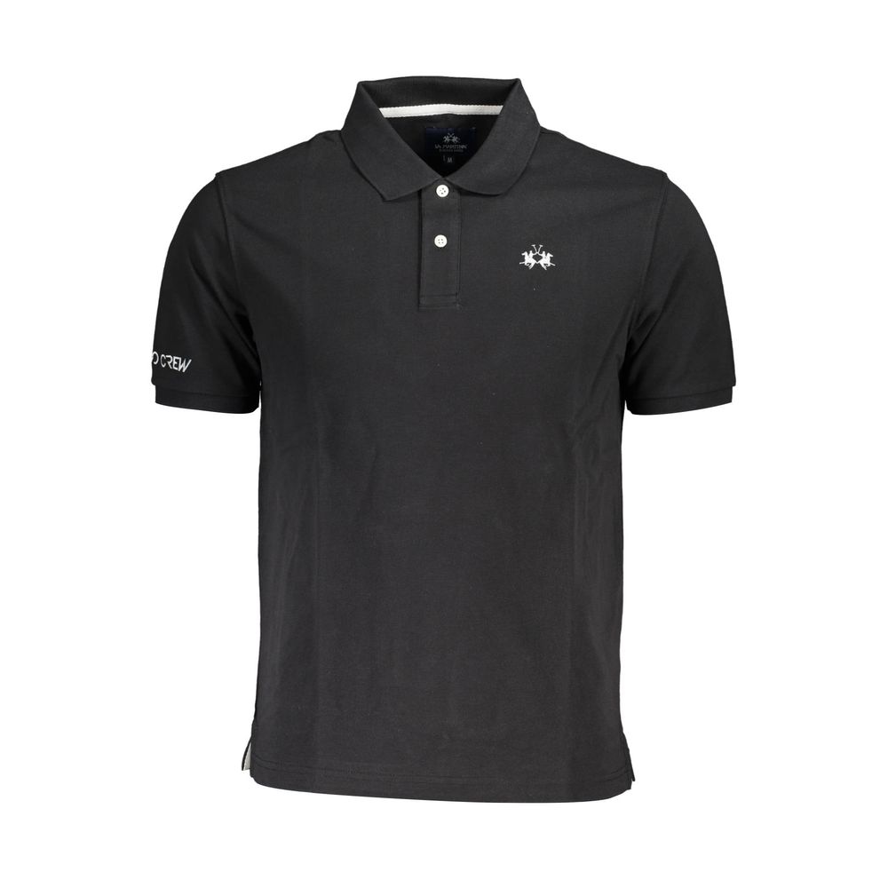 La Martina Black Cotton Men Polo Shirt with logo embroidery and two-button placket, showcasing modern style and sophistication.