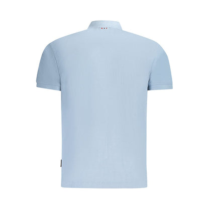 Back view of Napapijri Light Blue Cotton Men Polo Shirt showcasing short sleeves and collar.
