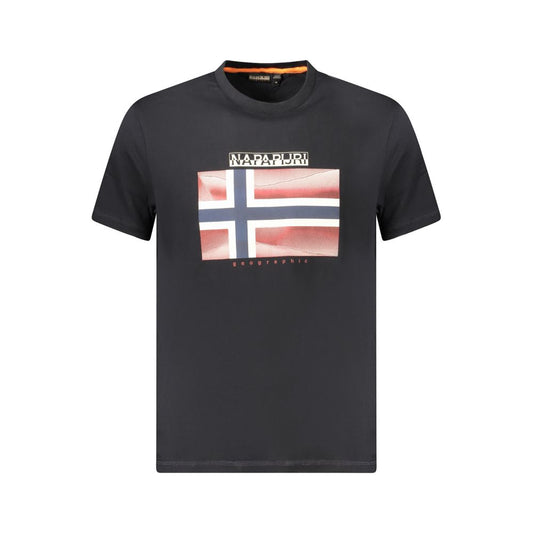 Napapijri Black Cotton Men T-Shirt with flag print, short sleeves, and crew neck. Made from 100% organic cotton for eco-friendly fashion.