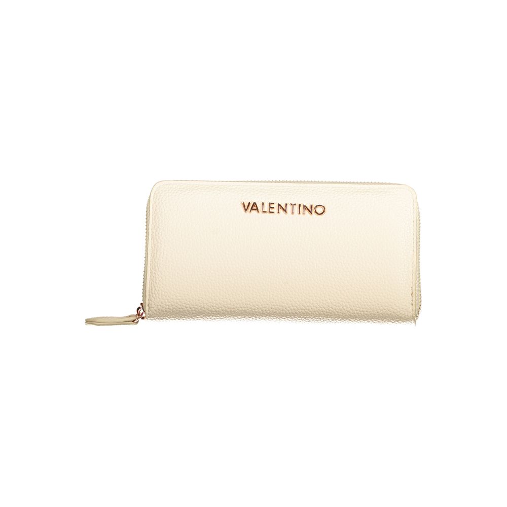 Mario Valentino Beige Polyethylene Wallet with 6 compartments, coin purse, card spaces, zip closure, and logo.