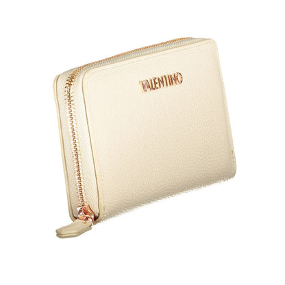 Mario Valentino Beige Polyethylene Wallet with 6 compartments, coin purse, double card spaces, and zip closure, featuring logo.