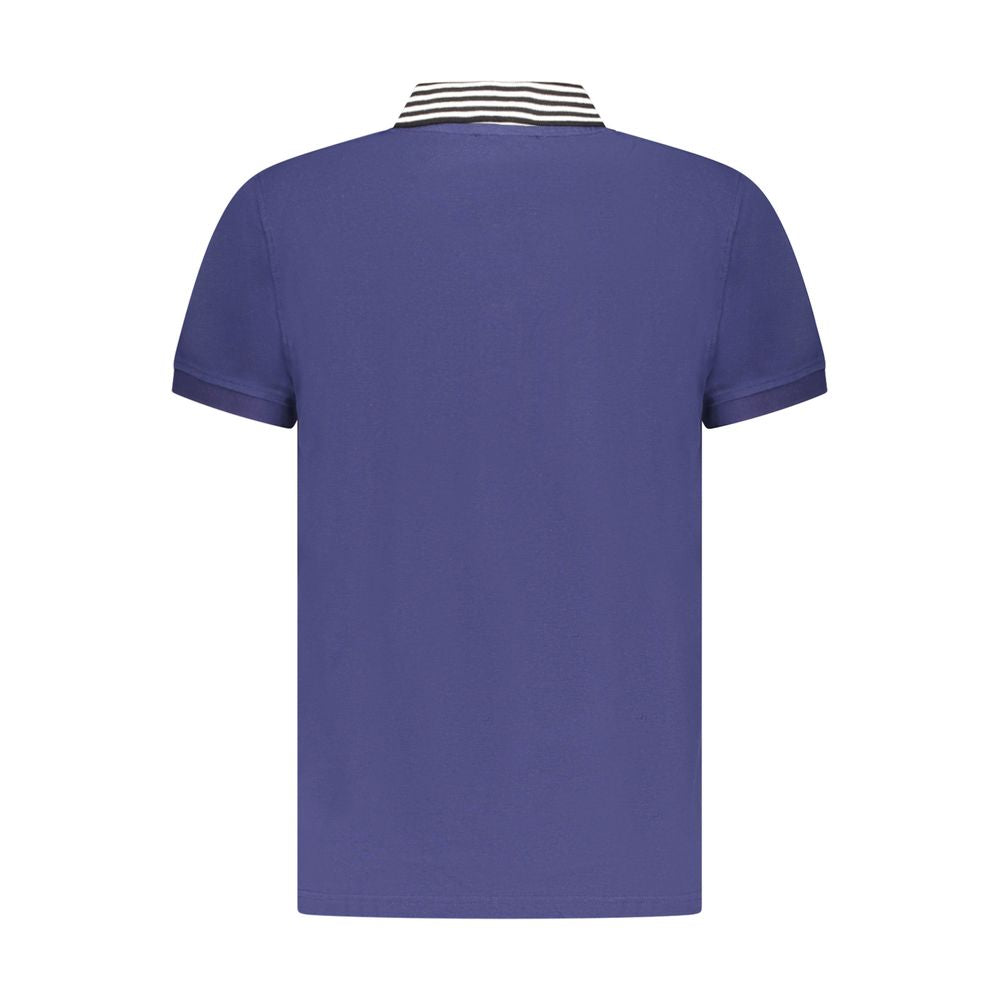 Back view of Cavalli Class Blue Cotton Men Polo Shirt with striped collar detailing.