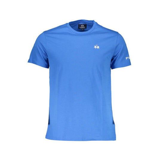 La Martina Blue Cotton Men T-Shirt with embroidery and logo print, short-sleeve, crew neck, stylish and comfortable for luxury fashion lovers.