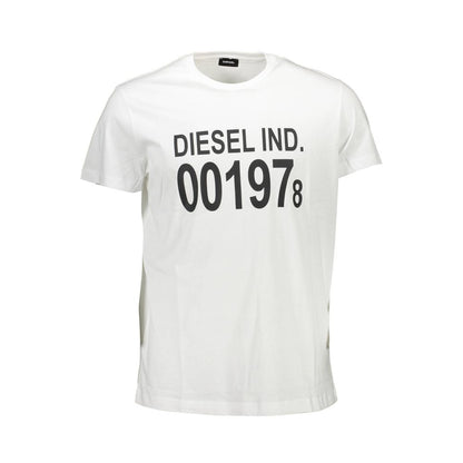 Diesel White Cotton Men T-Shirt with bold Diesel IND print, showcasing edgy and rebellious style for a unique fashion statement.