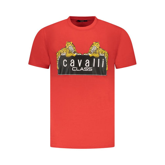 Cavalli Class Red Cotton Men T-Shirt with logo and print, short-sleeve crew neck, luxury fashion made from finest cotton.
