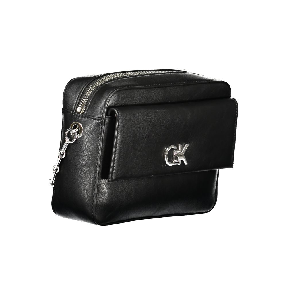 Calvin Klein Black Polyester Women Handbag with logo, external pocket, and zip closure for chic and eco-conscious style.