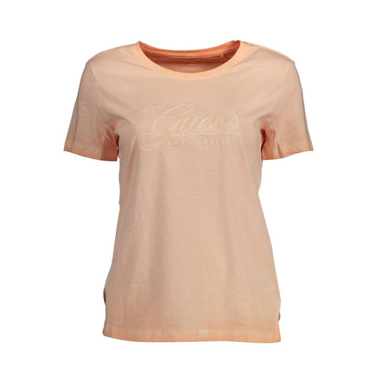 Guess Jeans Pink Cotton Women T-Shirt with wide neckline and embroidered logo, perfect for casual and trendy styles.