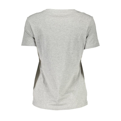 Back view of Guess Jeans Gray Cotton Women T-Shirt with crew neck, logo print, and eco-friendly material.