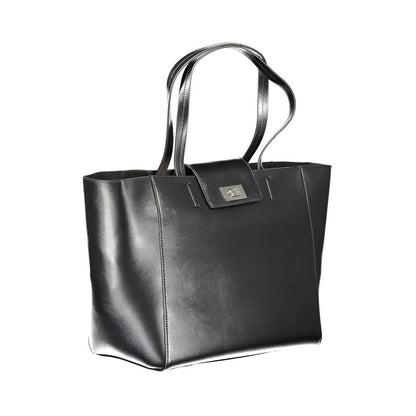 Calvin Klein Black Polyester Handbag with shoulder handles and snap closure, featuring a logo and internal pocket.