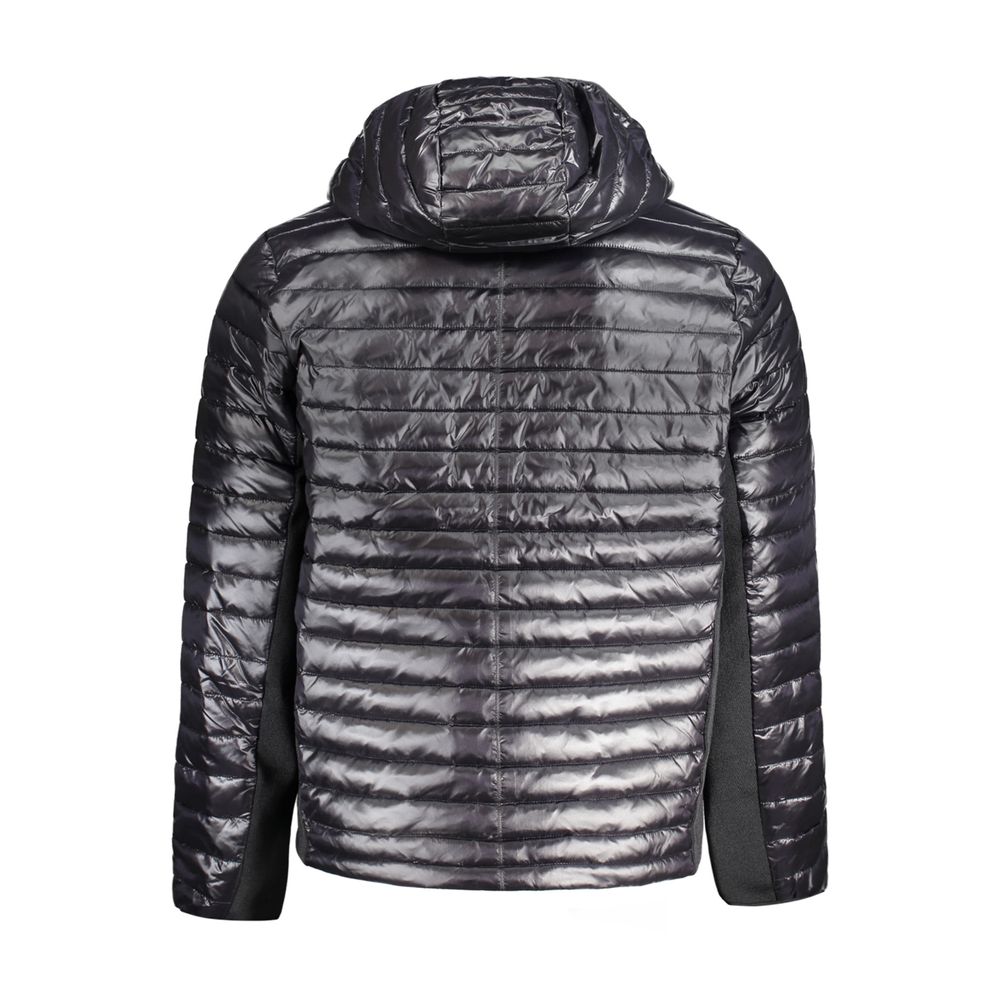 Rear view of Calvin Klein Black Nylon Men Jacket featuring sleek design with hooded style, highlighting urban fashion elements.