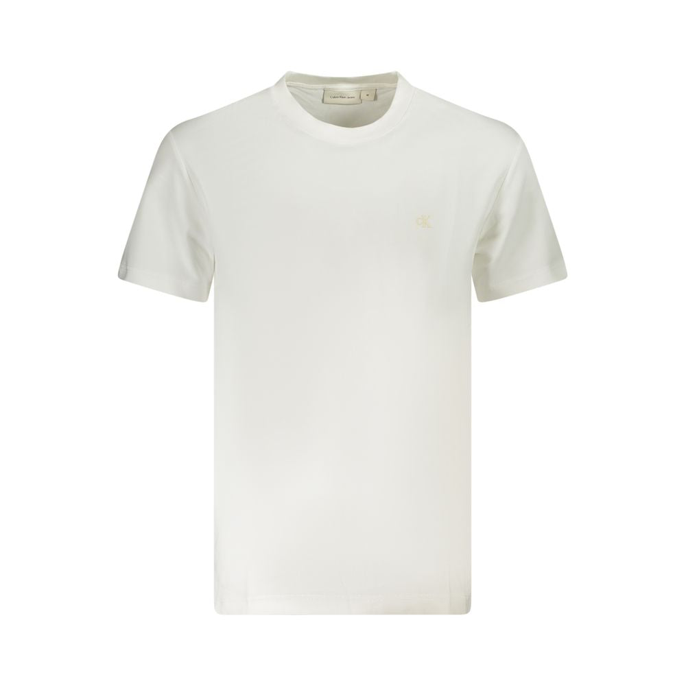 Calvin Klein White Cotton Men T-Shirt with crew neck design, featuring bold logo print, crafted from high-quality, regenerative cotton.