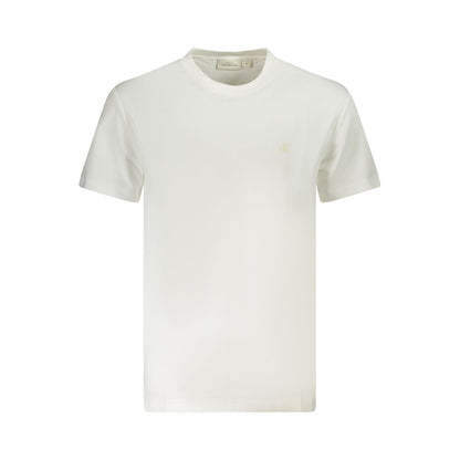 Calvin Klein White Cotton Men T-Shirt with crew neck design, featuring bold logo print, crafted from high-quality, regenerative cotton.
