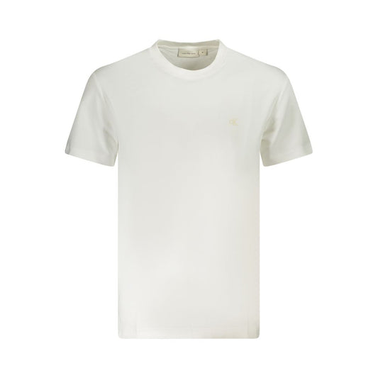 Calvin Klein White Cotton Men T-Shirt with crew neck design, featuring bold logo print, crafted from high-quality, regenerative cotton.