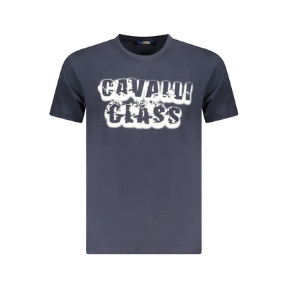Cavalli Class Blue Cotton Men T-Shirt with bold print and iconic logo, showcasing luxury fashion.