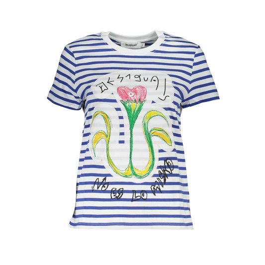 Desigual Blue Cotton Women T-Shirt with bold stripe design and floral print, featuring brand's signature logo for a unique style.