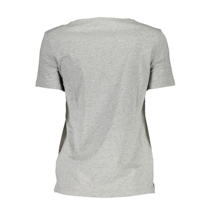 Back view of Guess Jeans Gray Cotton Women T-Shirt featuring a versatile gray design and soft material with classic crew neck.