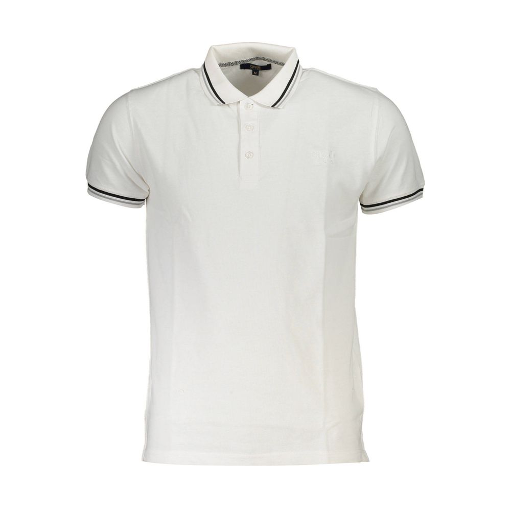 Cavalli Class White Cotton Men Polo Shirt with contrasting details and signature embroidery, exuding sophistication and style.