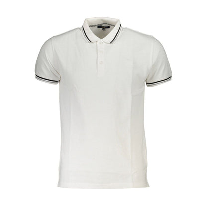 Cavalli Class White Cotton Men Polo Shirt with contrasting details and signature embroidery, exuding sophistication and style.