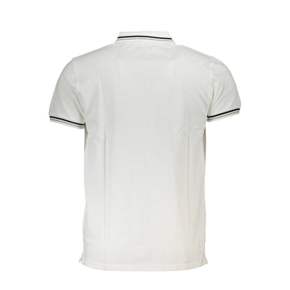 Back view of Cavalli Class White Cotton Men Polo Shirt with short sleeves and contrasting details.