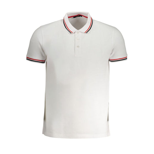 Cavalli Class White Cotton Polo Shirt with short sleeves, 3 buttons, contrast details, and embroidery logo.