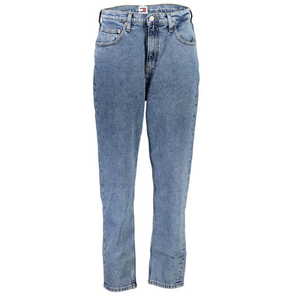 Tommy Hilfiger Blue Cotton Women Jeans with ultra high waist and tapered leg showcasing expert embroidery and comfort stretch.