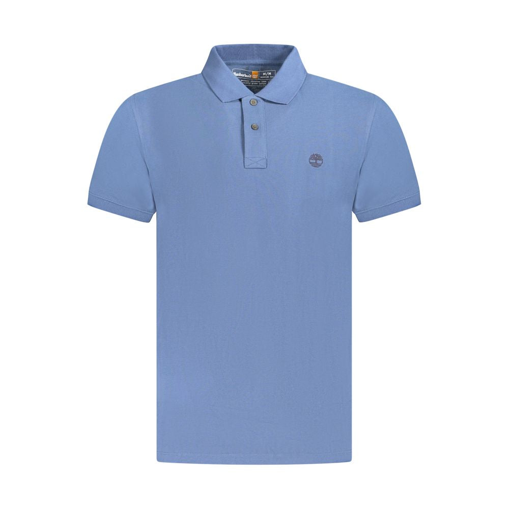 Timberland Blue Cotton Men Polo Shirt with short sleeves, featuring a two-button placket and embroidered Timberland logo.