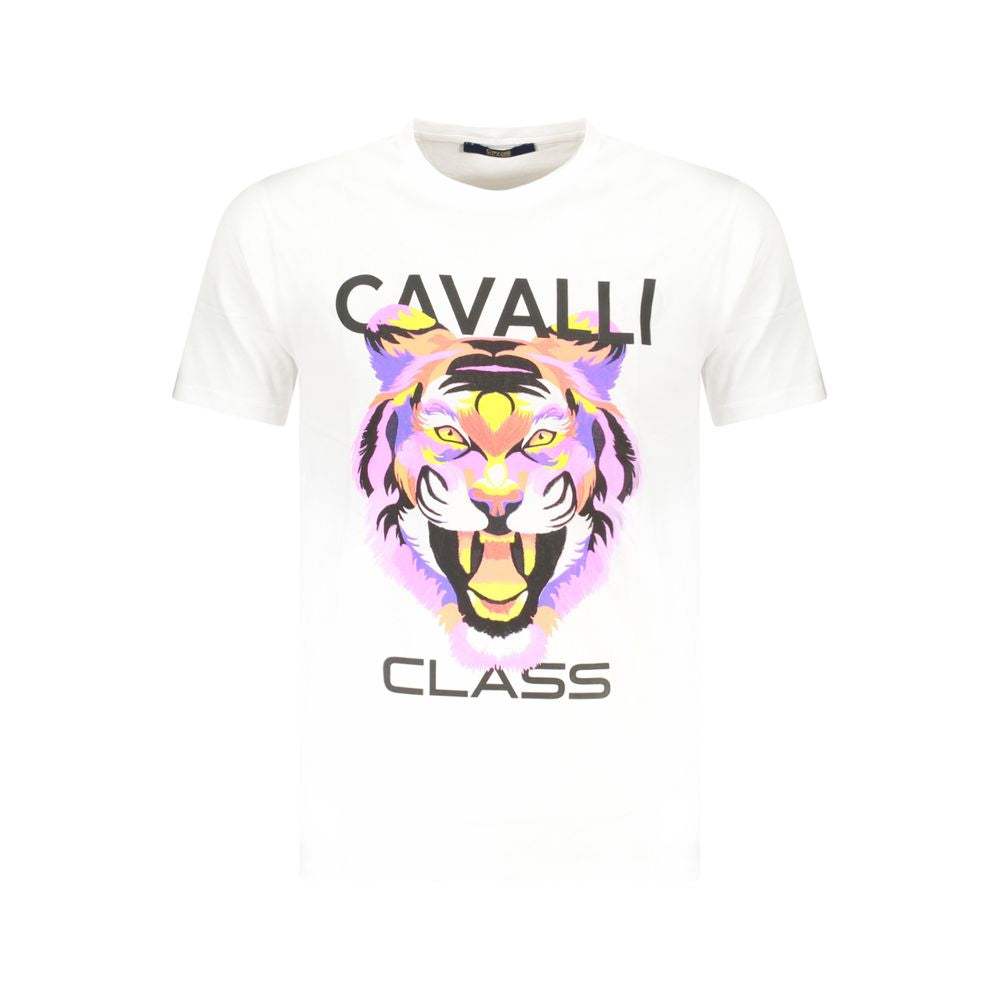 Cavalli Class White Cotton Men T-Shirt with bold tiger print and iconic logo, crew neck design, perfect for trendsetting casual fashion.