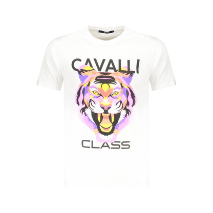 Cavalli Class White Cotton Men T-Shirt with bold tiger print and iconic logo, crew neck design, perfect for trendsetting casual fashion.