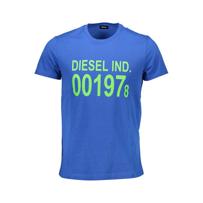 Diesel Blue Cotton Men T-Shirt with bold green logo print, crew neck design for urban streetwear fashion.