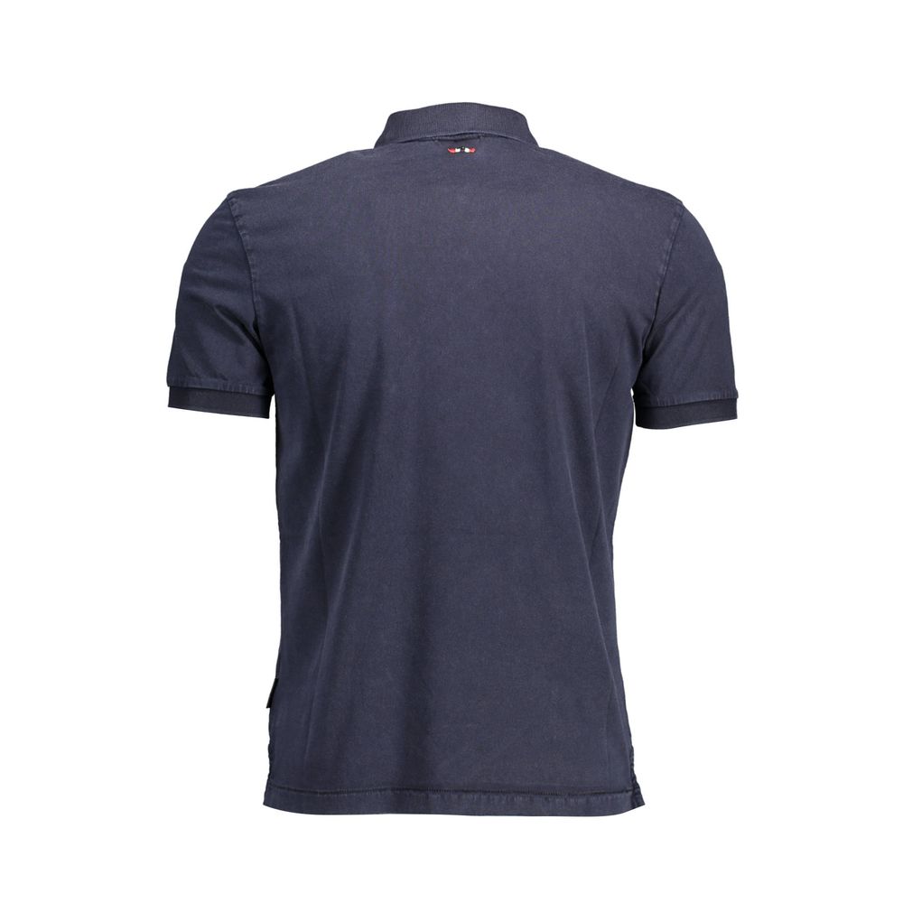 Back view of Napapijri Blue Cotton Men Polo Shirt featuring short sleeves and signature logo embroidery.