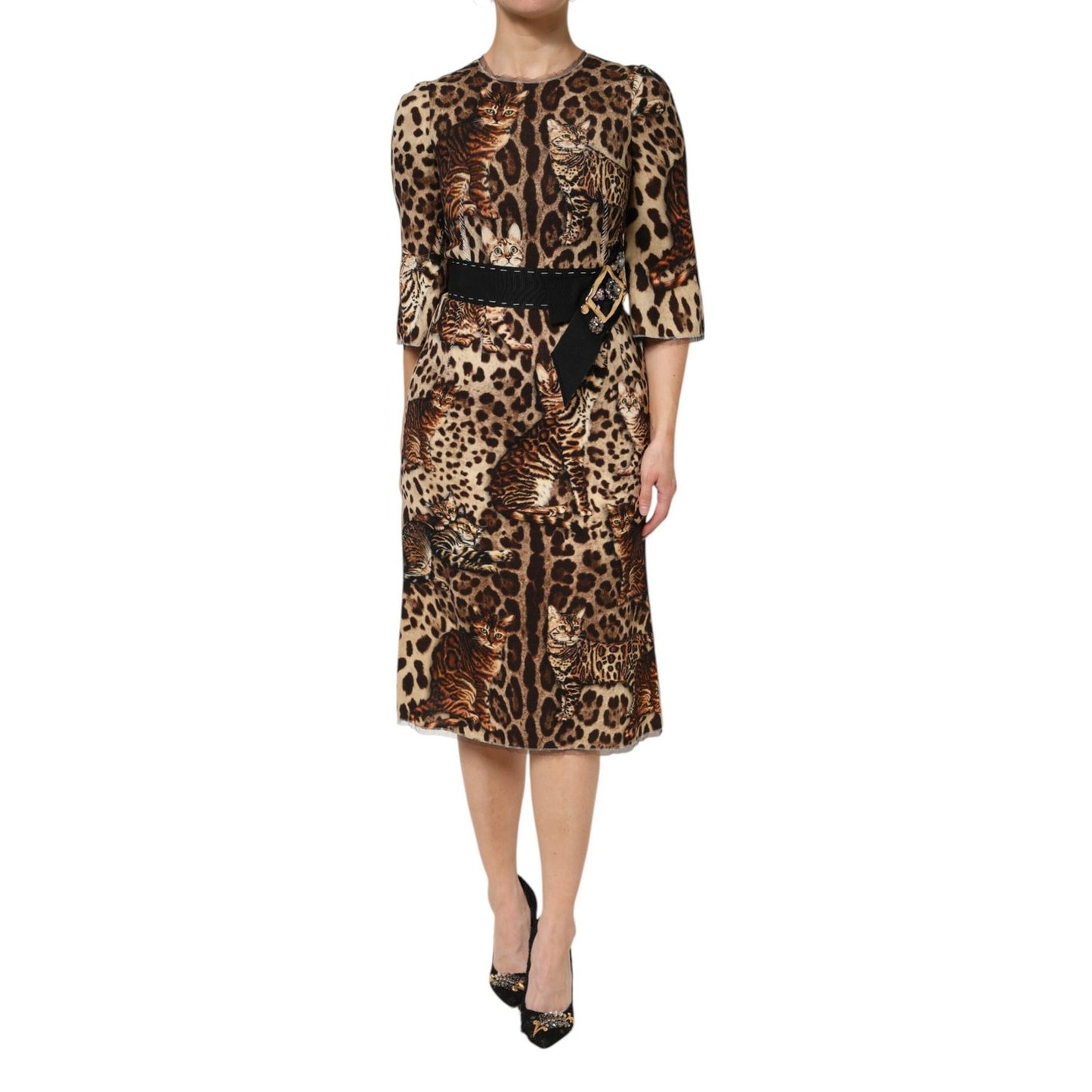 Dolce & Gabbana Brown Leopard Print Belted A-line Midi Dress DR81726-36