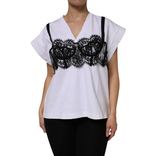 Dolce & Gabbana White Lace Cotton V-Neck Short Sleeves Top TSH87130-42