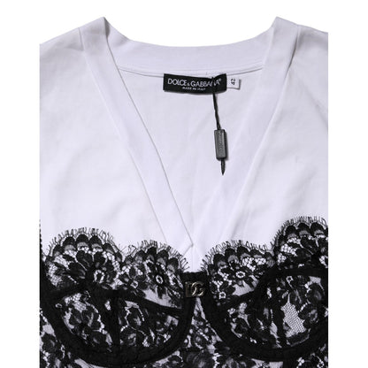 Dolce & Gabbana White Lace Cotton V-Neck Short Sleeves Top