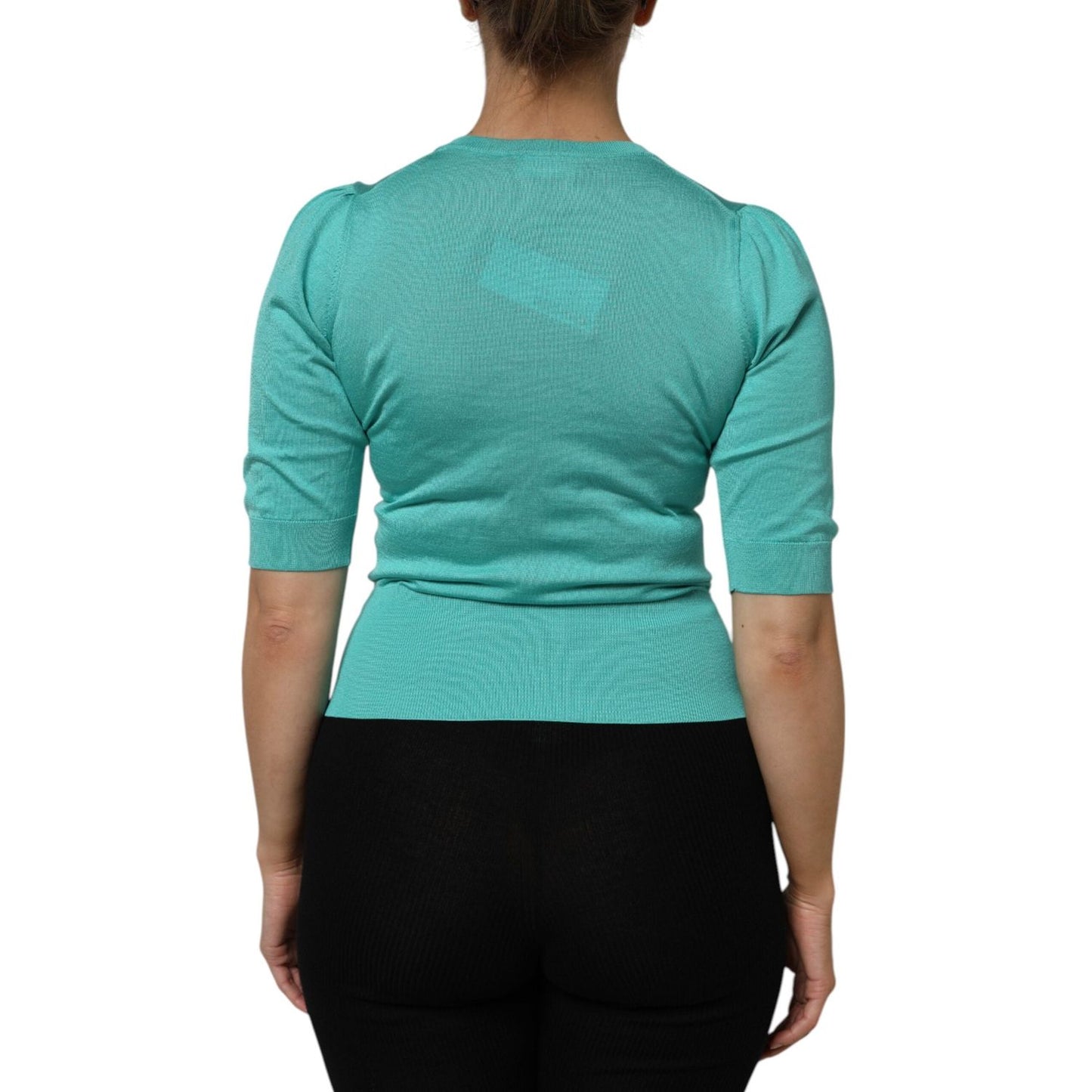 Dolce & Gabbana Aqua Blue Silk Short Sleeves Square Neck Top TSH87147-40