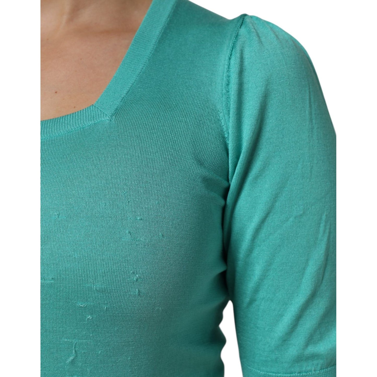 Dolce & Gabbana Aqua Blue Silk Short Sleeves Square Neck Top