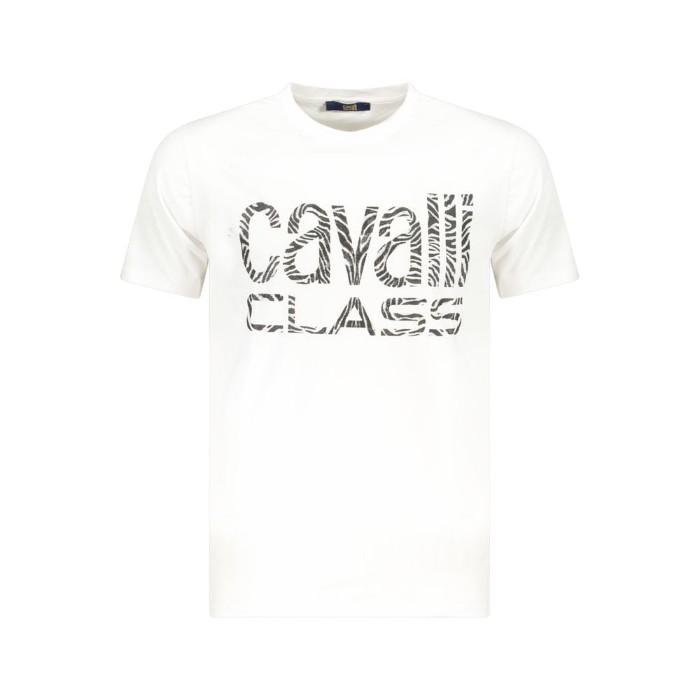 Cavalli Class White Cotton Men T-Shirt with iconic logo, short sleeves, crew neck, designed for refined chic and comfort in premium cotton.
