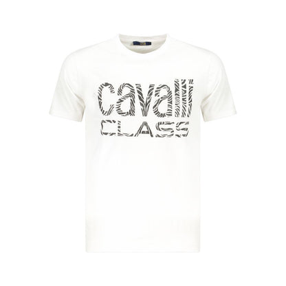 Cavalli Class White Cotton Men T-Shirt with iconic logo, short sleeves, crew neck, designed for refined chic and comfort in premium cotton.