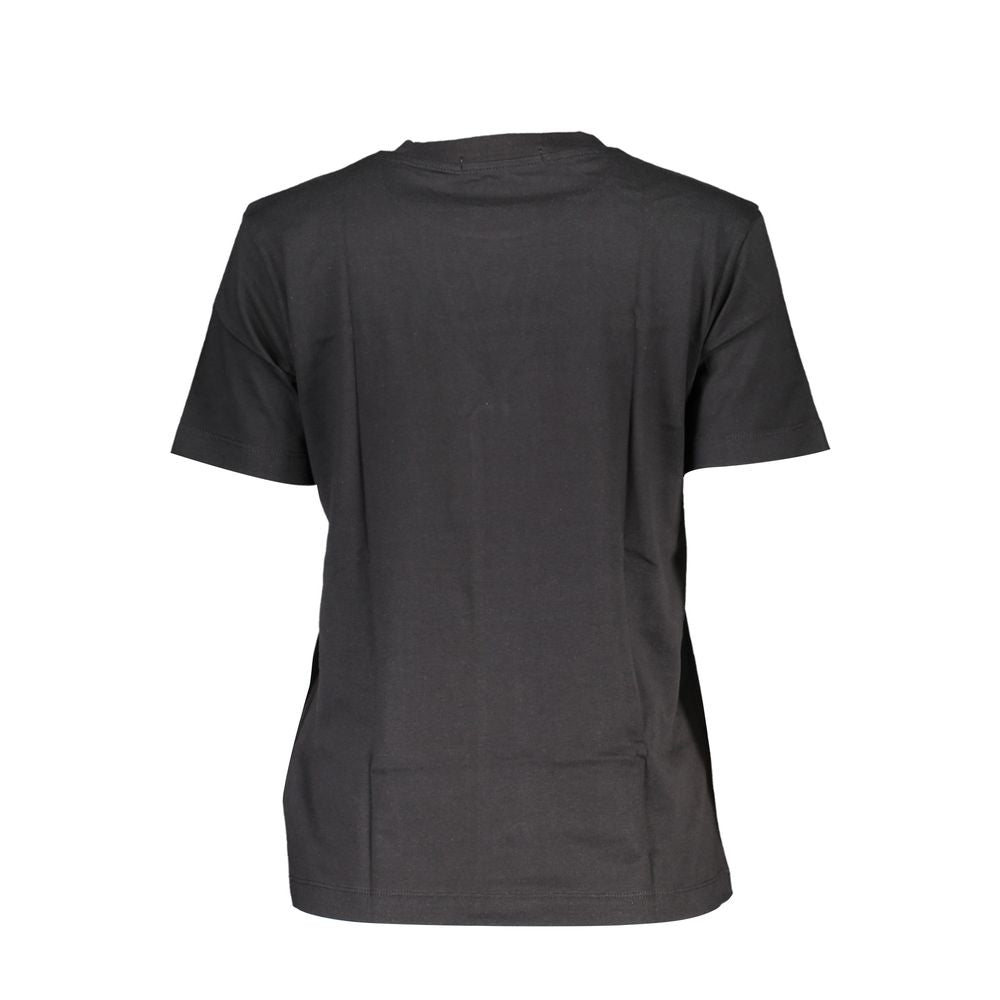 Back view of Calvin Klein Black Cotton Women T-Shirt with short sleeves and crew neck.