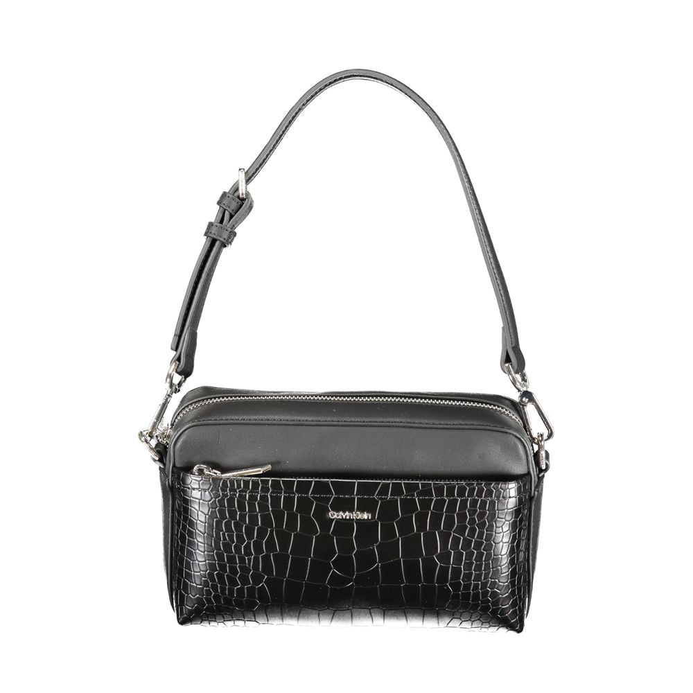 Calvin Klein Black Polyester Handbag with adjustable shoulder strap, zip closure, logo, and croc pattern detailing.