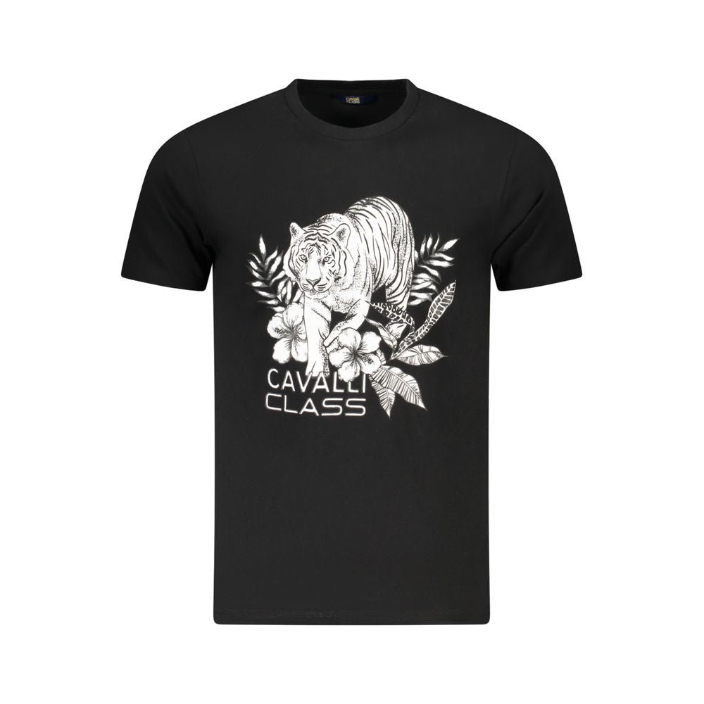 Cavalli Class Black Cotton Men T-Shirt with bold print and iconic logo, perfect for stylish casual or evening wear.