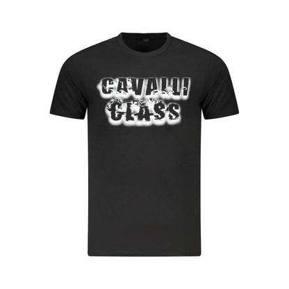 Cavalli Class Black Cotton Men T-Shirt with bold logo print on front, luxury fashion, stylish short sleeve design, premium cotton elegance.