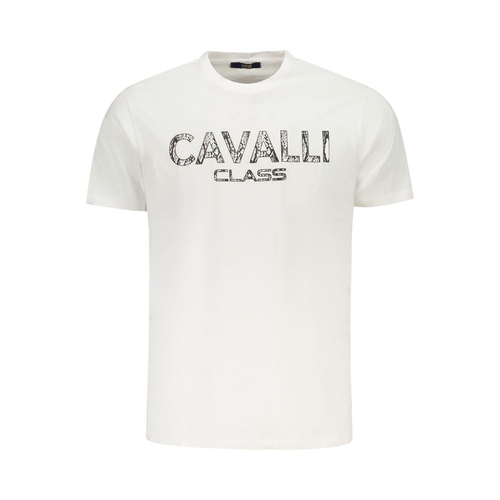 Cavalli Class White Cotton Men T-Shirt with bold logo print, offering luxury and comfort.