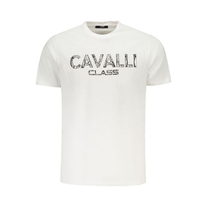 Cavalli Class White Cotton Men T-Shirt with bold logo print, offering luxury and comfort.