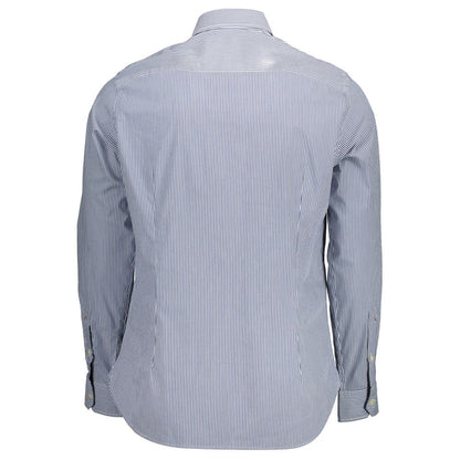 Rear view of U.S. POLO ASSN. Blue Cotton Men Shirt with long sleeves and striped pattern, perfect for preppy sophistication.
