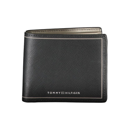 Tommy Hilfiger Black Leather Wallet with multiple compartments, coin purse, card spaces, and contrast details showcasing logo.
